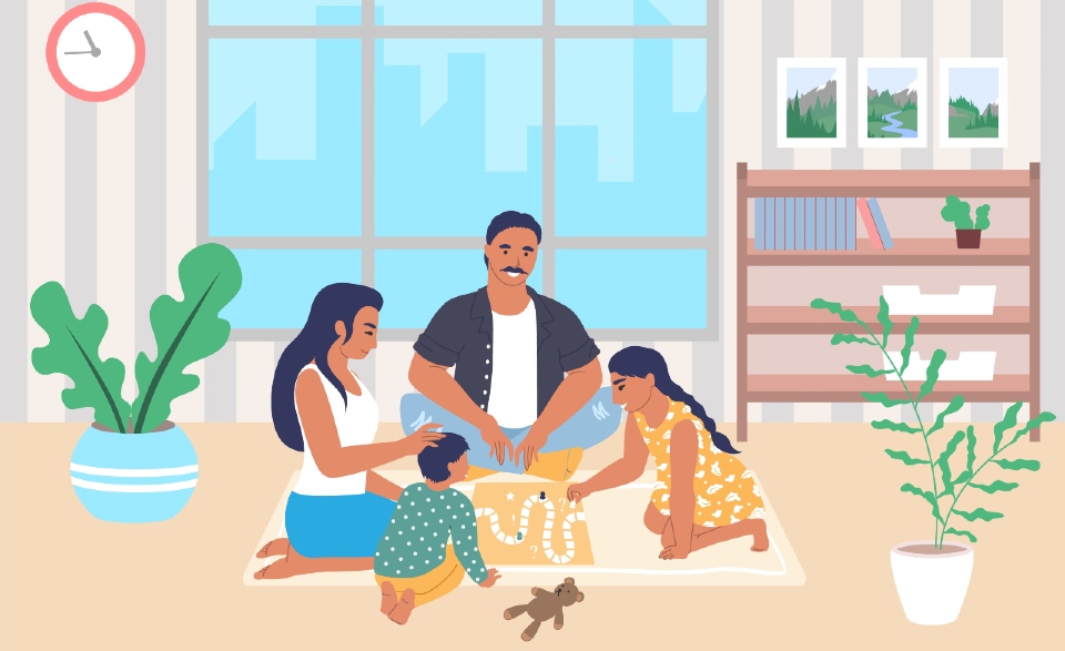 Illustration of a family playing board games