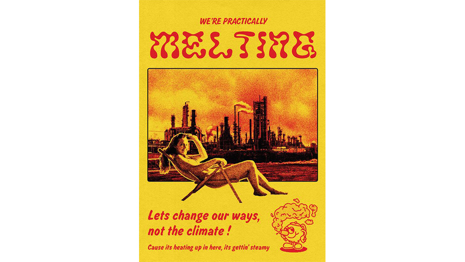 Winning poster by Tom focusing on climate change. A red and yellow poster with a woman on a sun lounger in front of an industrial site